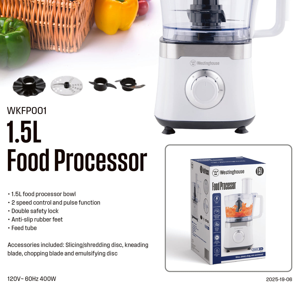 White Westinghouse food processor with 1.5L clear bowl and included cutting discs