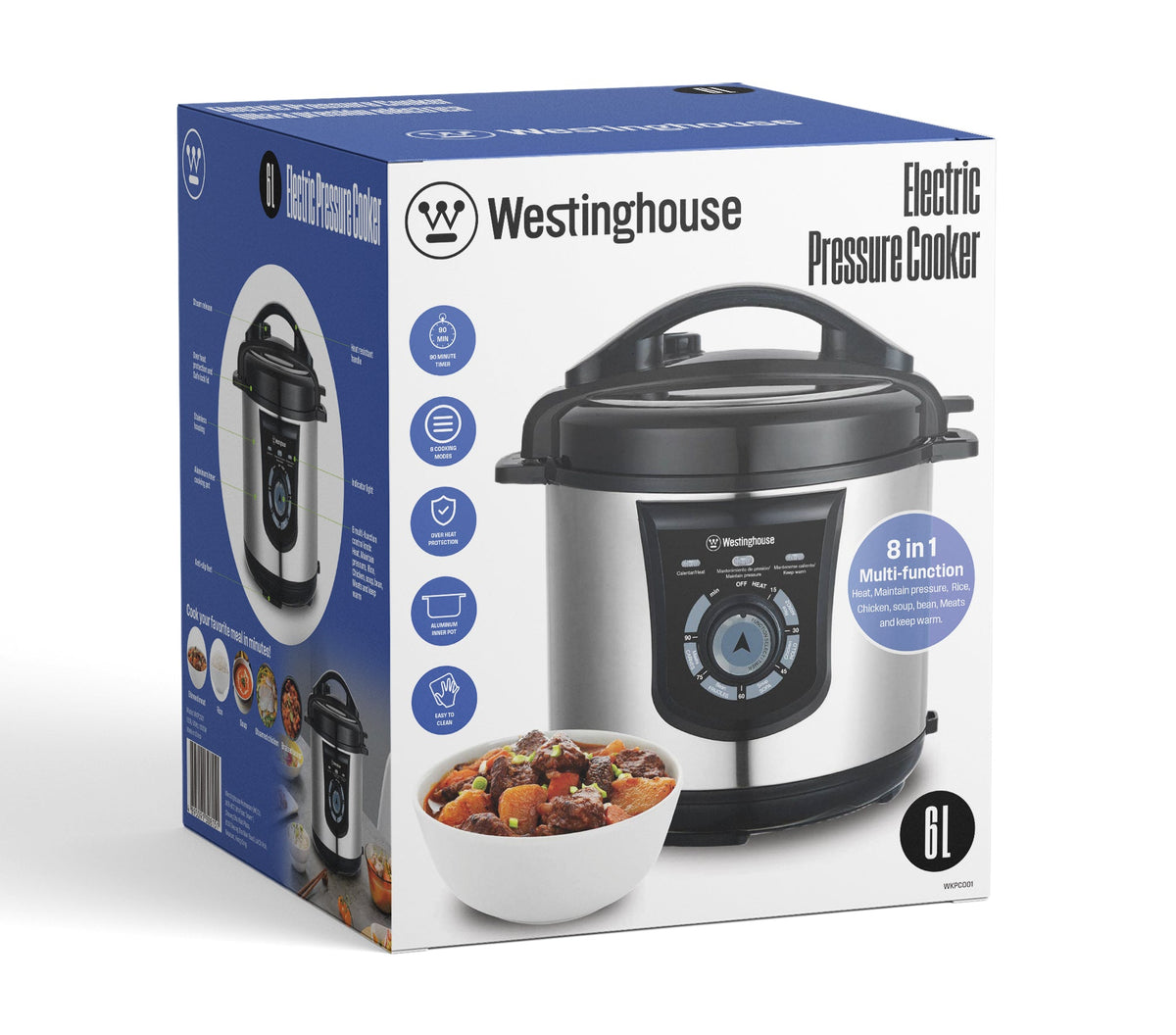 8-in-1 6L electric pressure cooker box with stainless steel pot and black lid