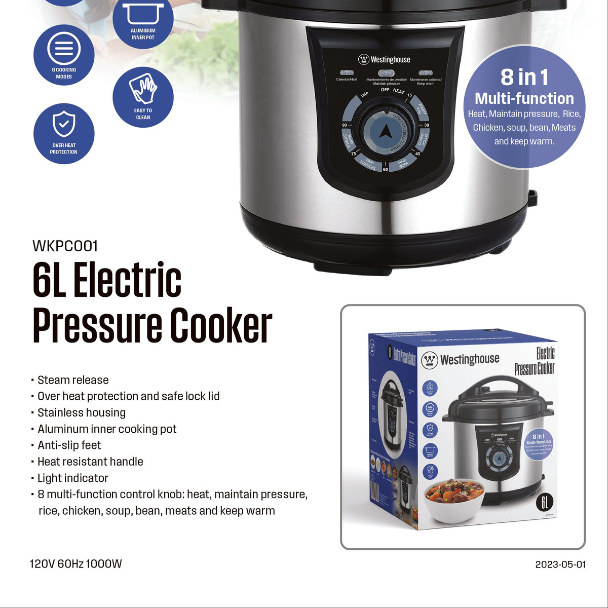 6L electric pressure cooker control panel with dial on stainless steel body, black lid