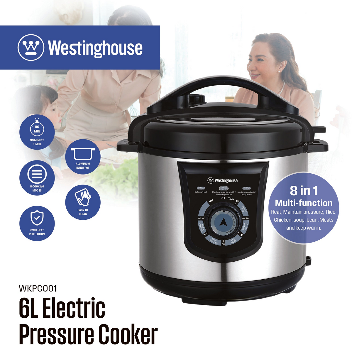 6L 8-in-1 electric pressure cooker with black lid and control dial on stainless body