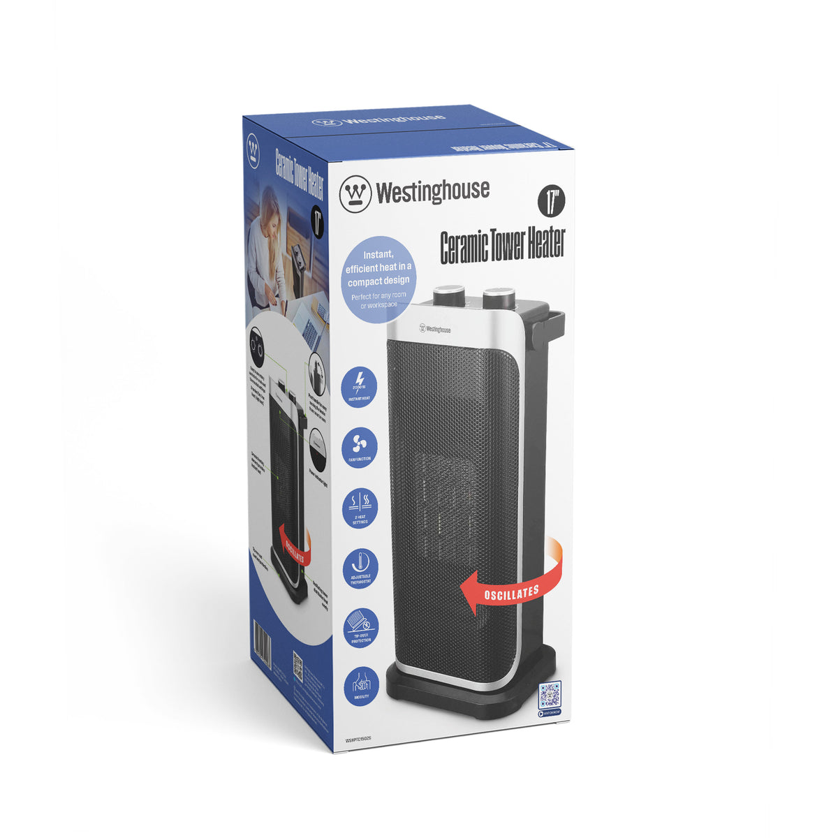 Westinghouse ceramic tower heater retail box with upright heater image