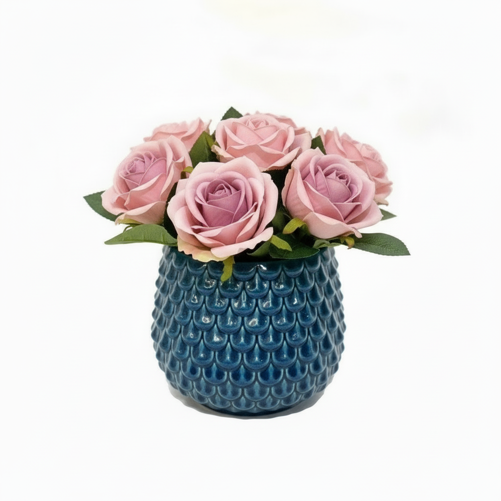 Faux Roses in Dark Blue Pot