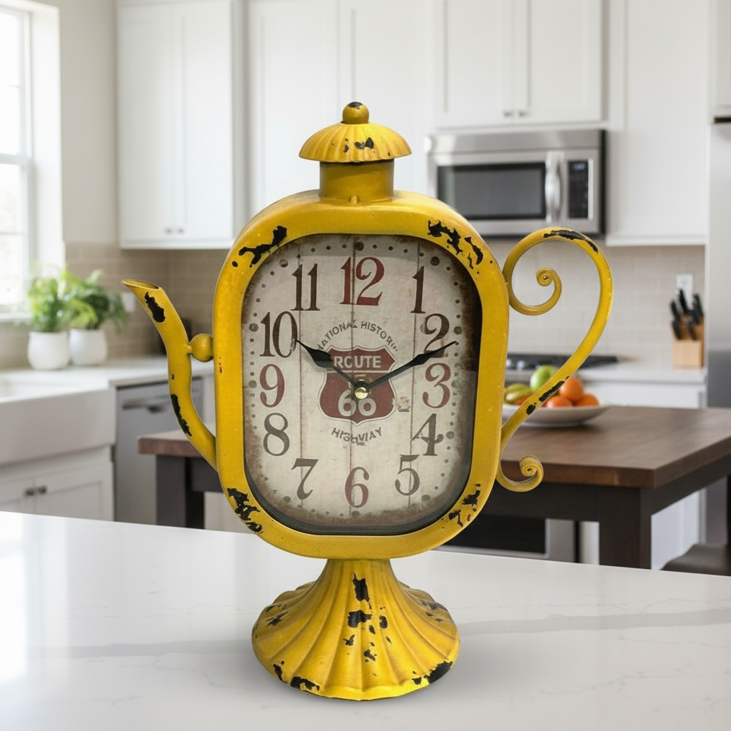 Vintage Table Clock Kettle Shape Yellow
