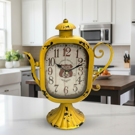 Vintage Table Clock Kettle Shape Yellow