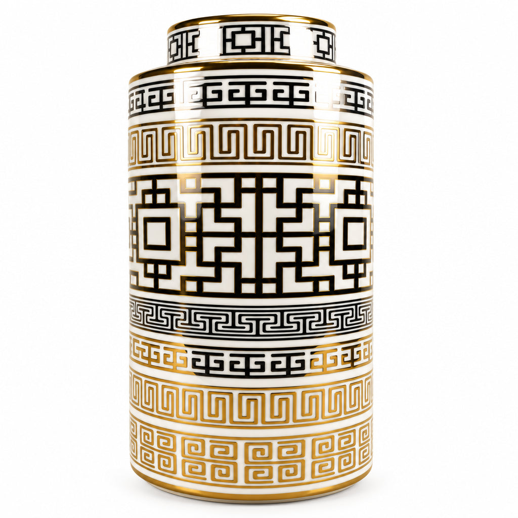 Large lustrous ceramic vase in white with gold geometric pattern