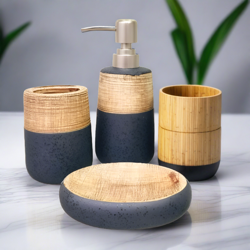 Bathroom Set Bamboo Black Round (Set of 4Pcs)