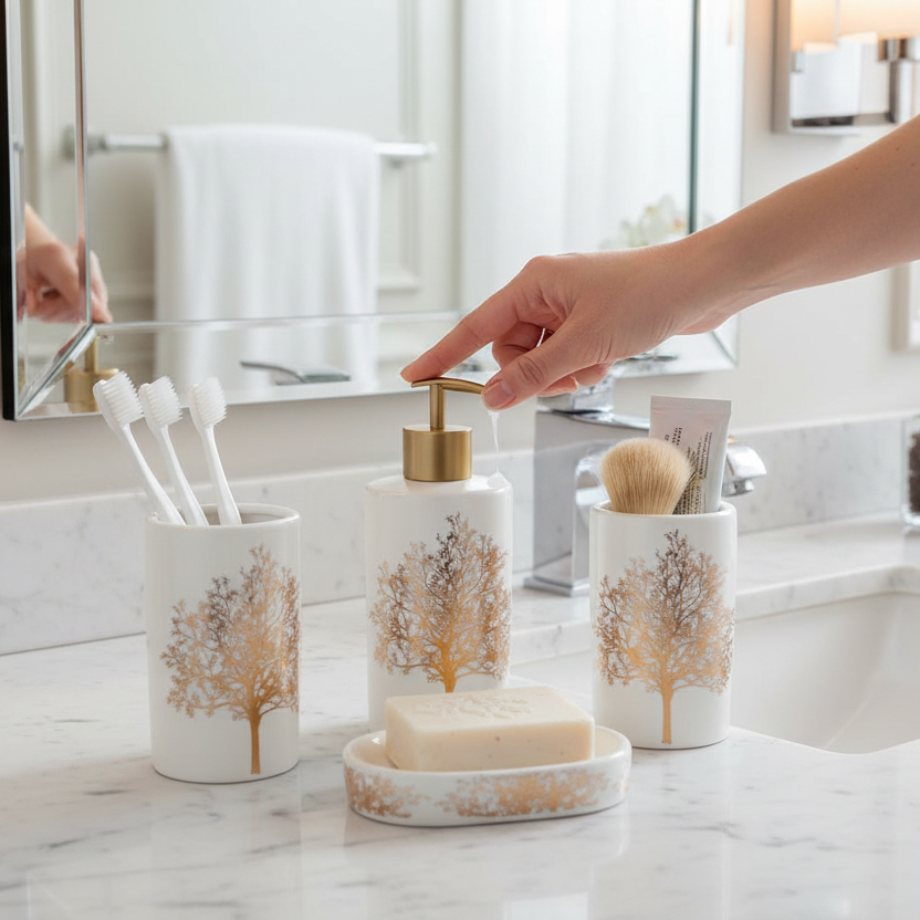 Bathroom Set Tree White & Gold (Set of 4Pcs)