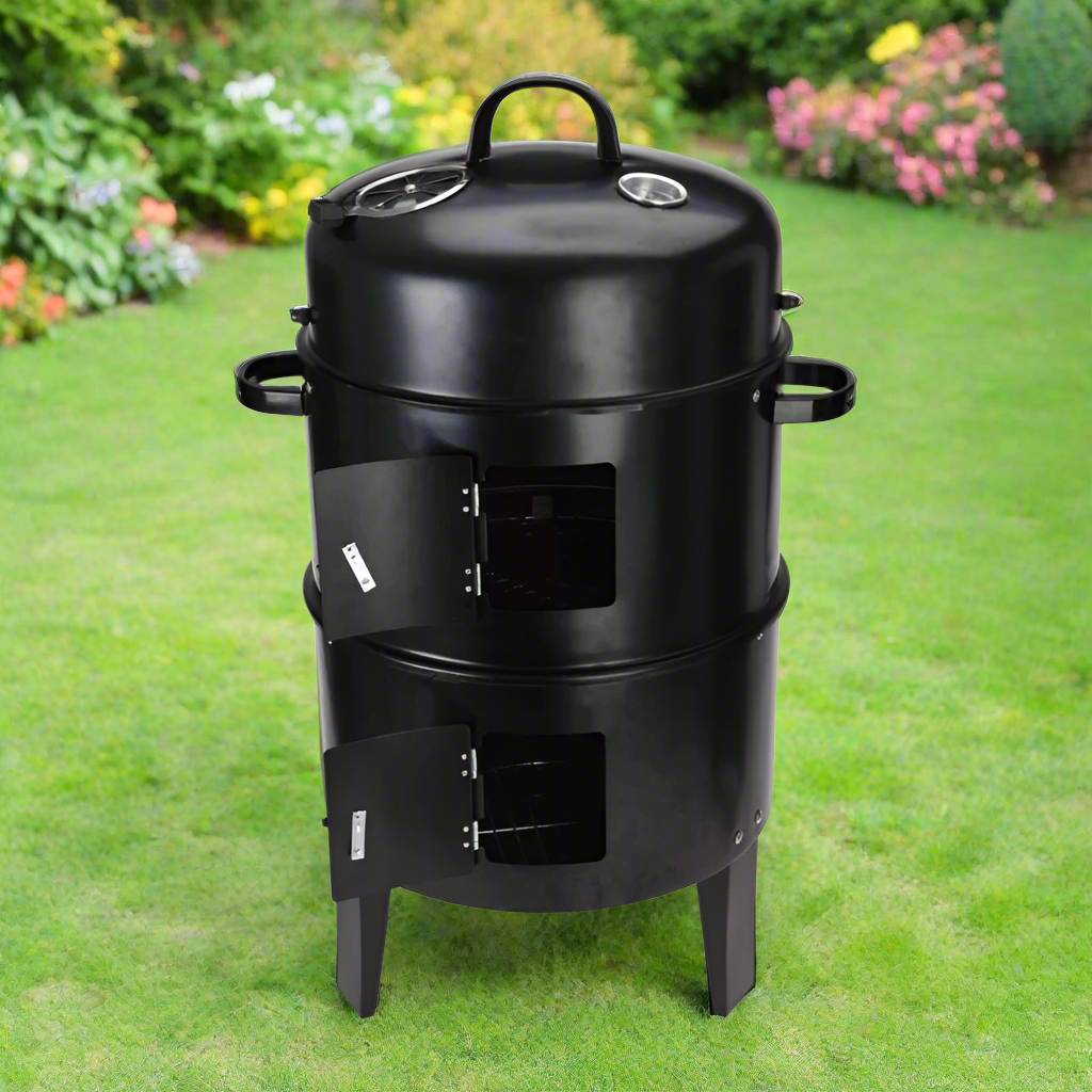 Charcoal BBQ Smoker Grill With Chimney Black