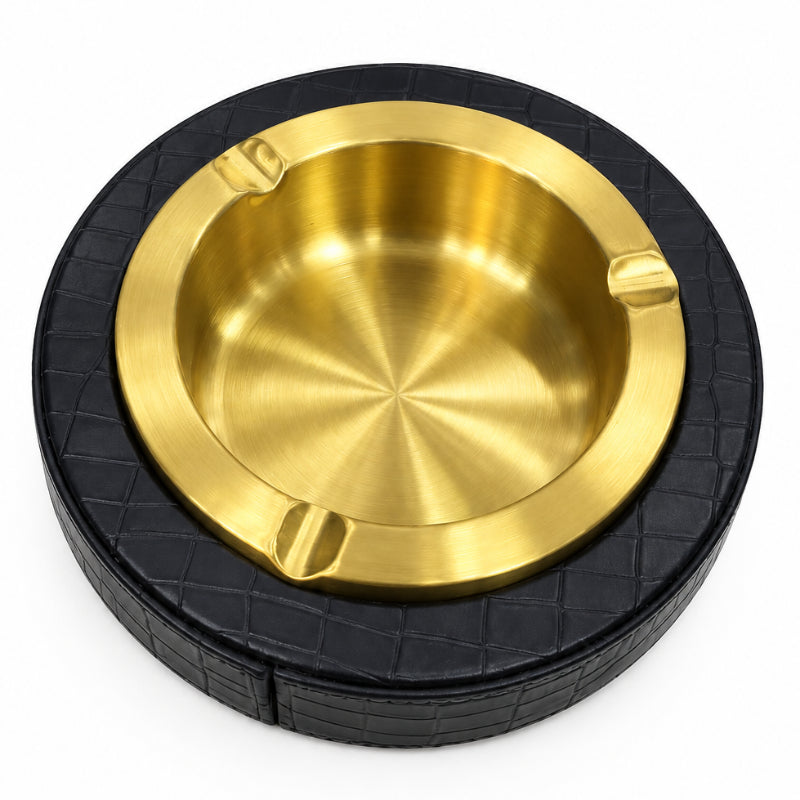 PU Leather Ash Tray Round Black/Gold