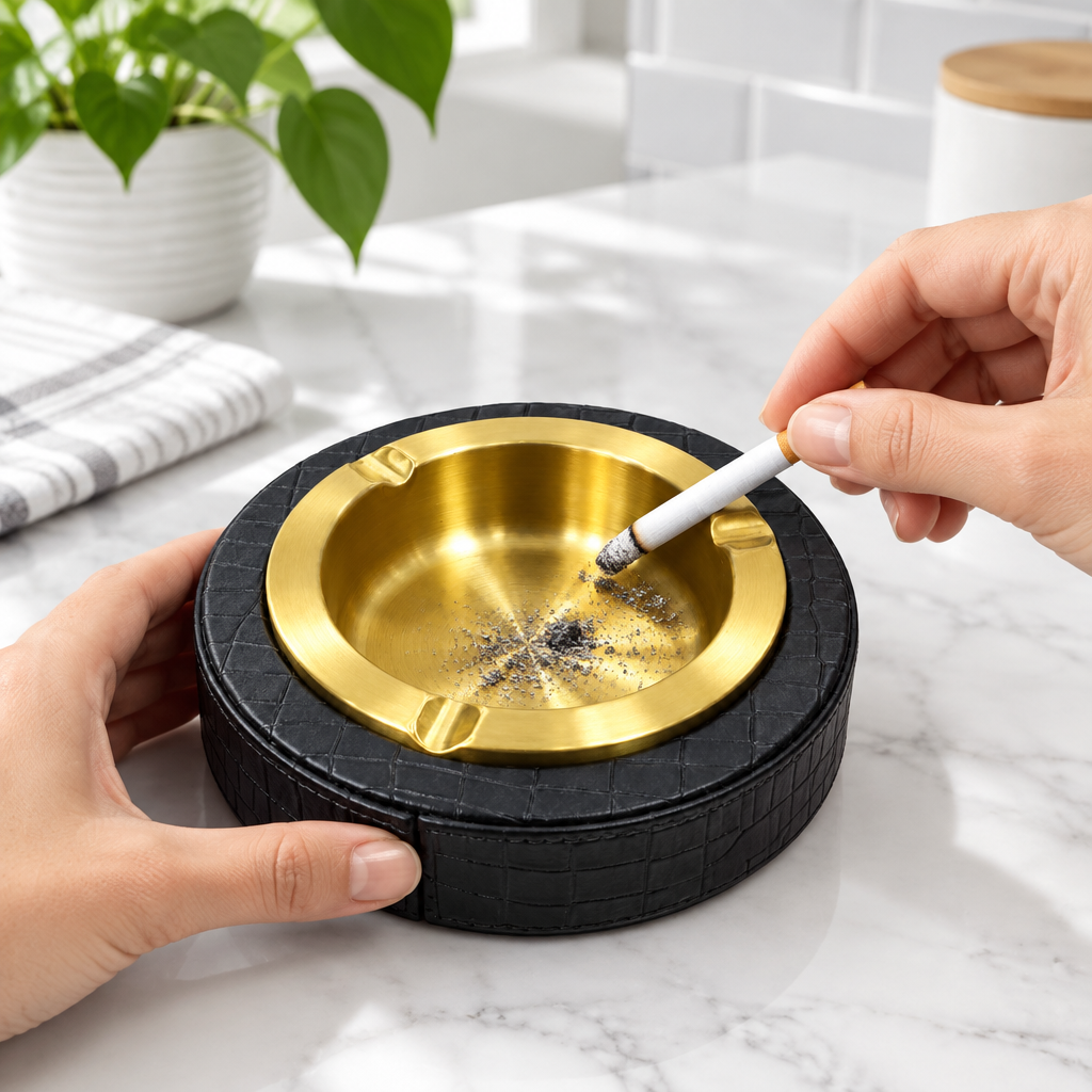 PU Leather Ash Tray Round Black/Gold