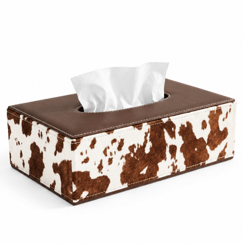 PU Leather Tissue Box Cow Print Brown & White