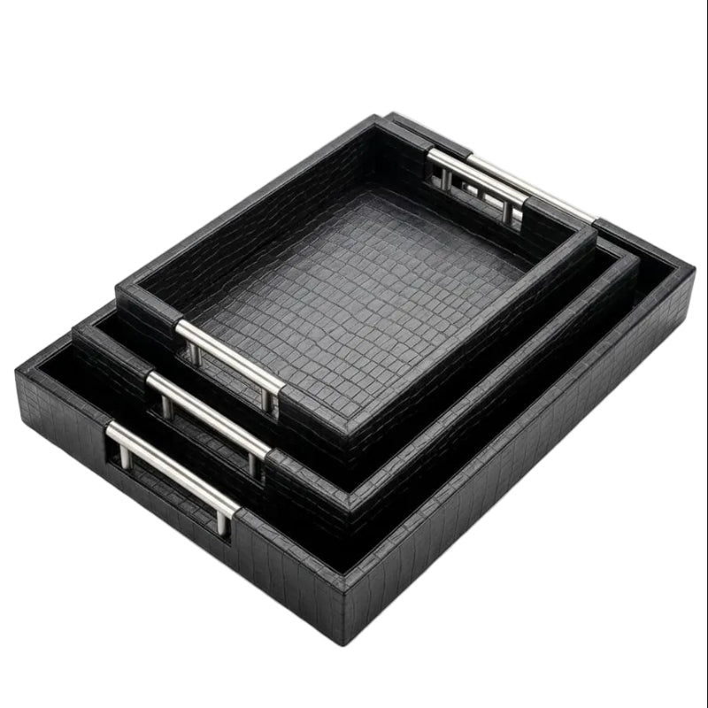 PU Leather Serving Tray Black (Set of 3)
