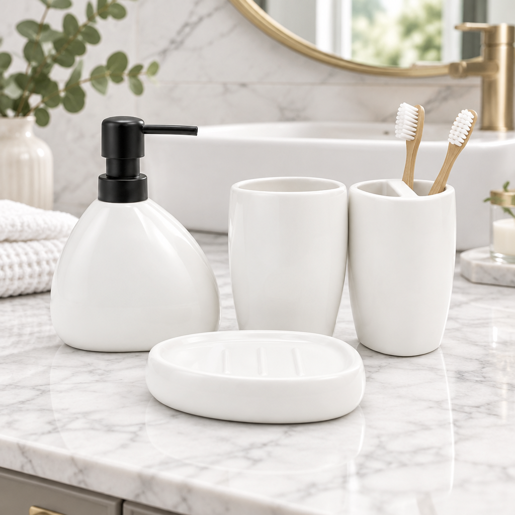 Ceramic Bathroom Set White (Set of 4 Pcs)