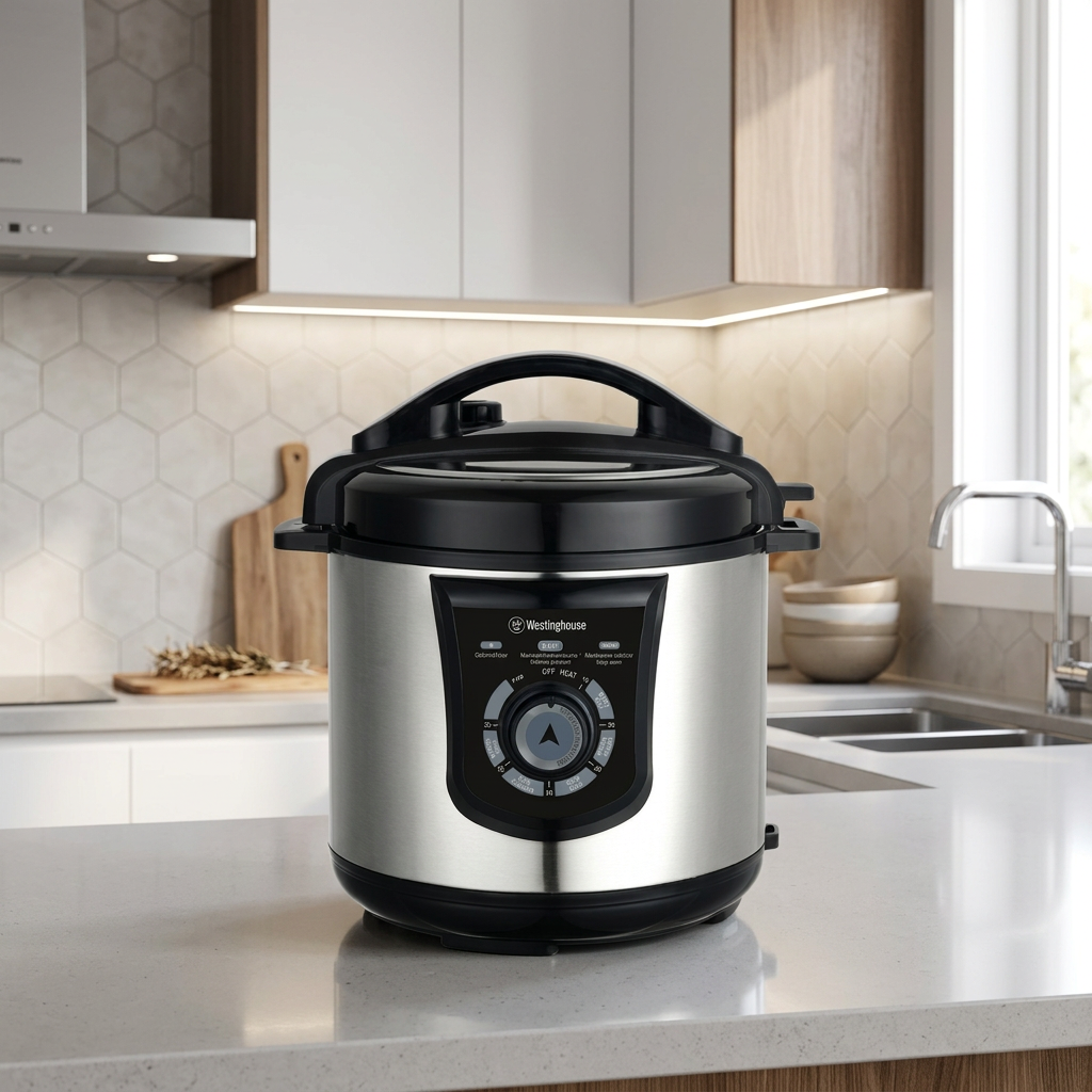 8-in-1 6L electric pressure cooker with black lid and front dial on stainless body