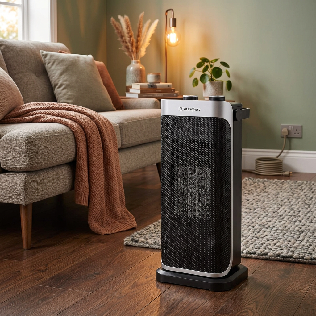 Upright ceramic tower heater with dark mesh grille and black base