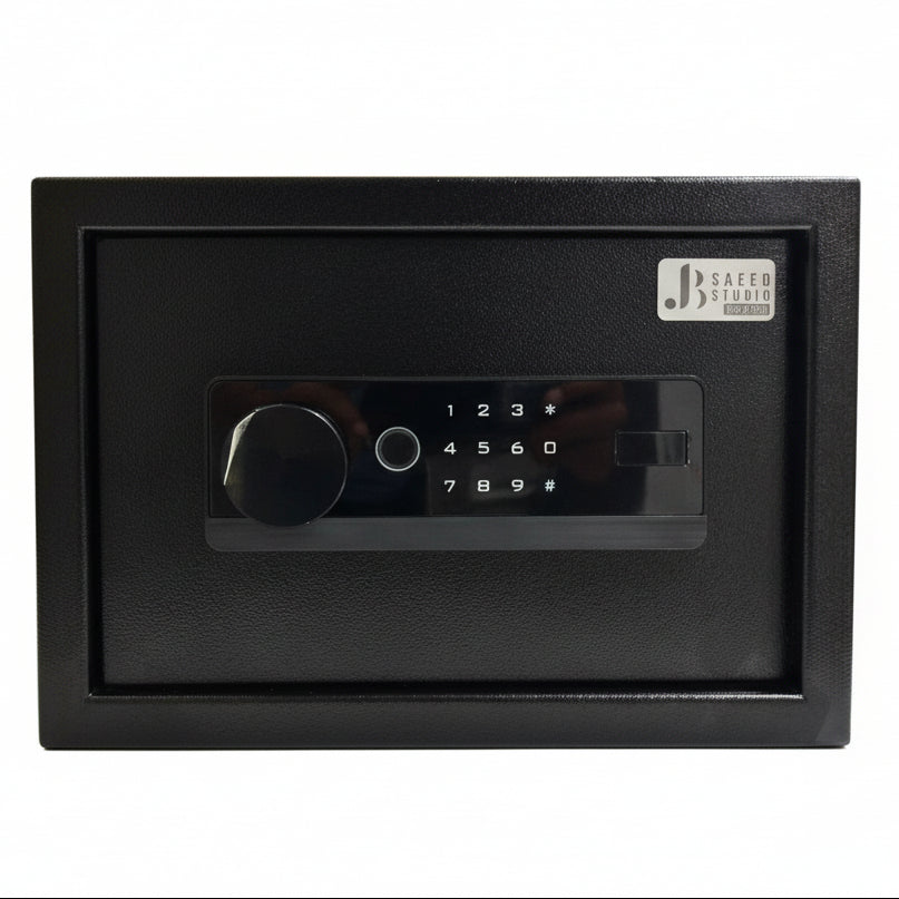 Electronic steel safe with biometric keypad, front dial and number buttons