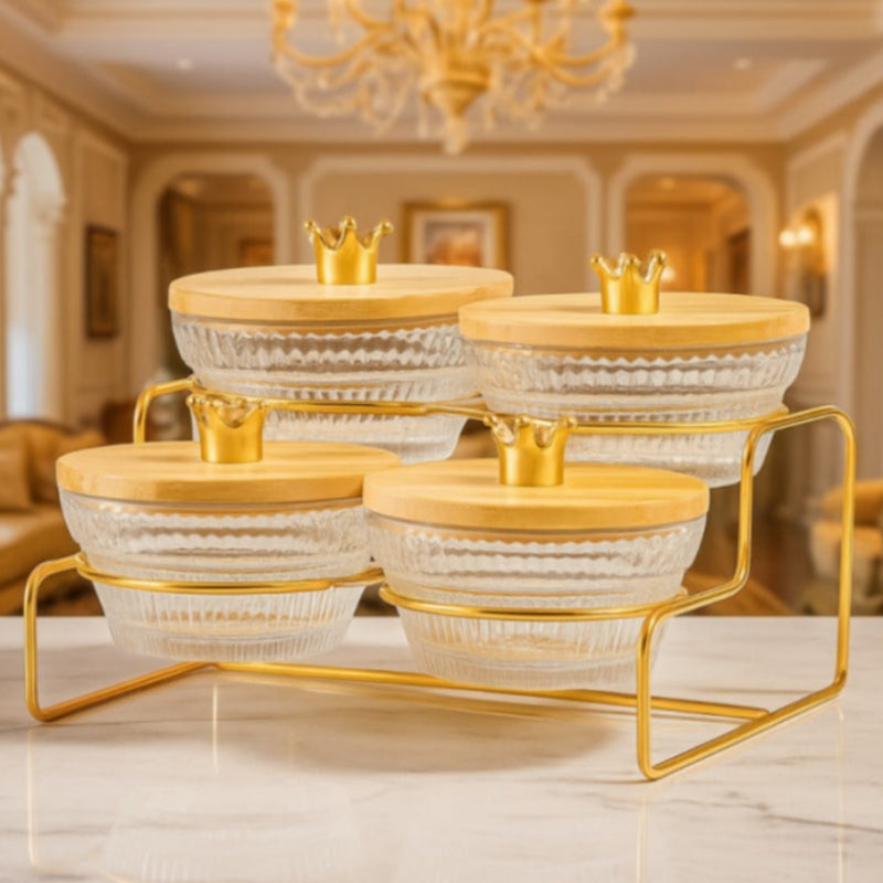 4-Division Dry Fruit Glass Bowls With Golden Stand