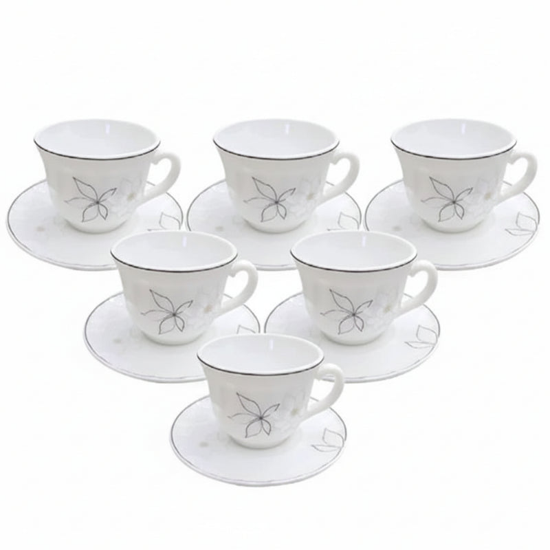 Opal Glass Cup & Saucer White Floral (Set of 6)