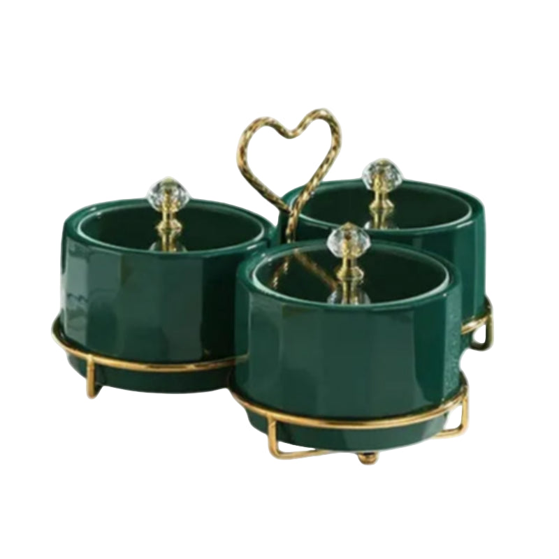 3-Division Dry Fruit Bowls Green With Golden Stand