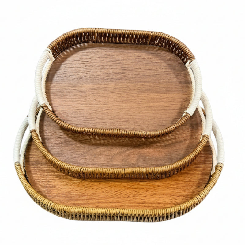 Cane Oval Serving Tray Brown (Set of 3)