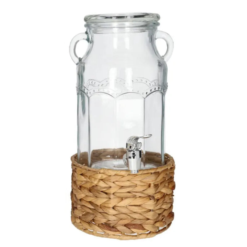 Glass Beverage Dispenser With Woven Stand 3.1L