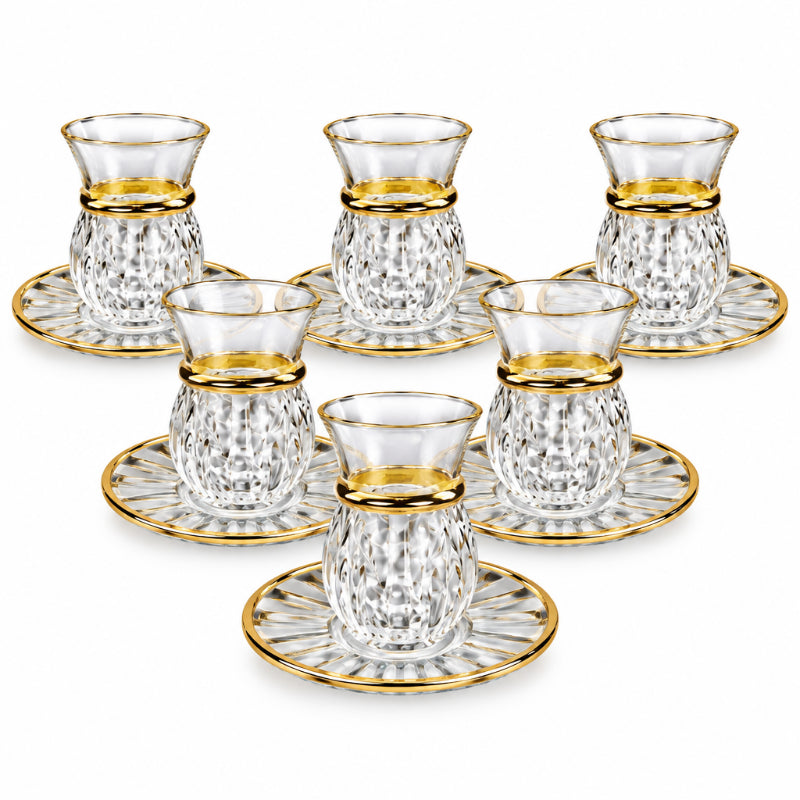 Glass Kahwa Cup & Saucer Set Gold Rim (Set of 6)