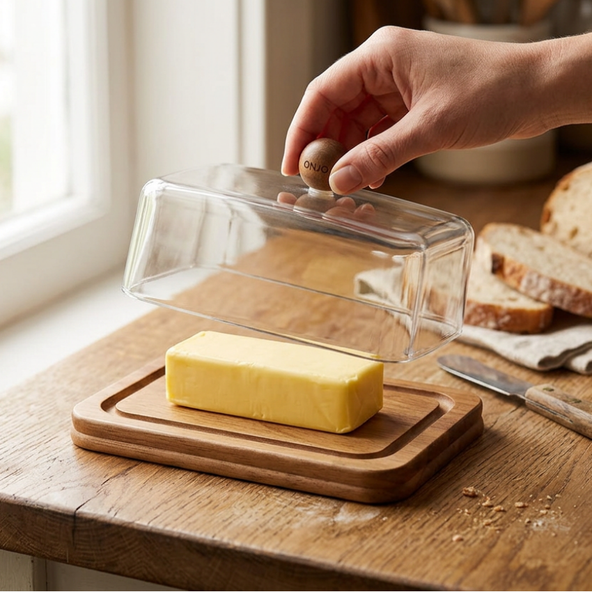 Butter Dish With Acrylic Lid & Wooden Base