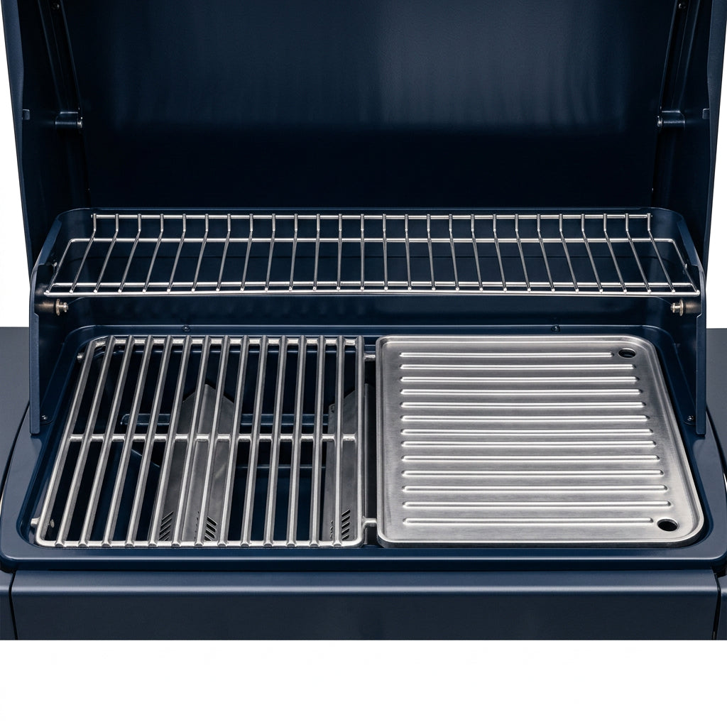 BBQ grill interior with wire racks and removable drip tray, dark finish