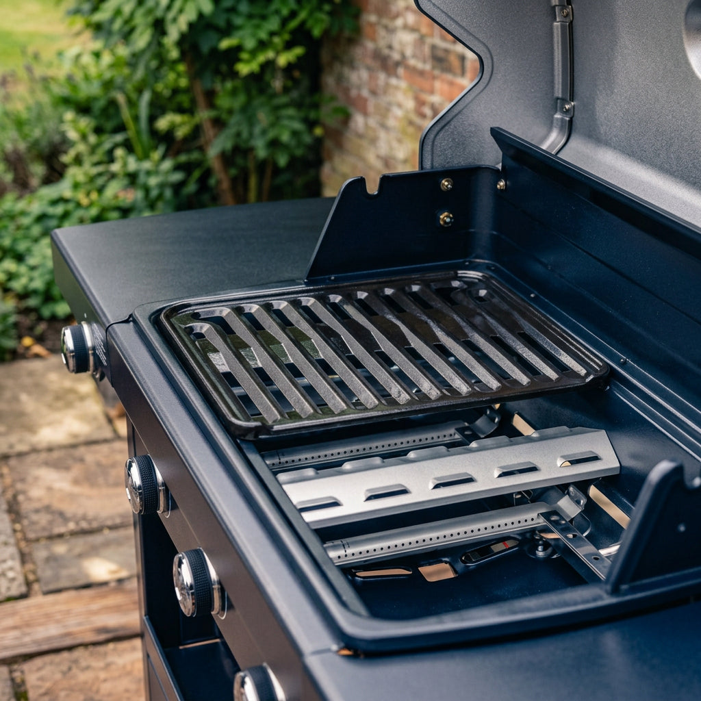 Open BBQ grill with cooking grates and flavor bars inside dark lid and body