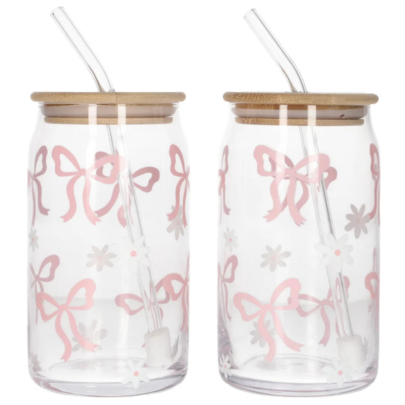Iced Coffee Glass Mug With Straw 500ml Bows (Set of 2)