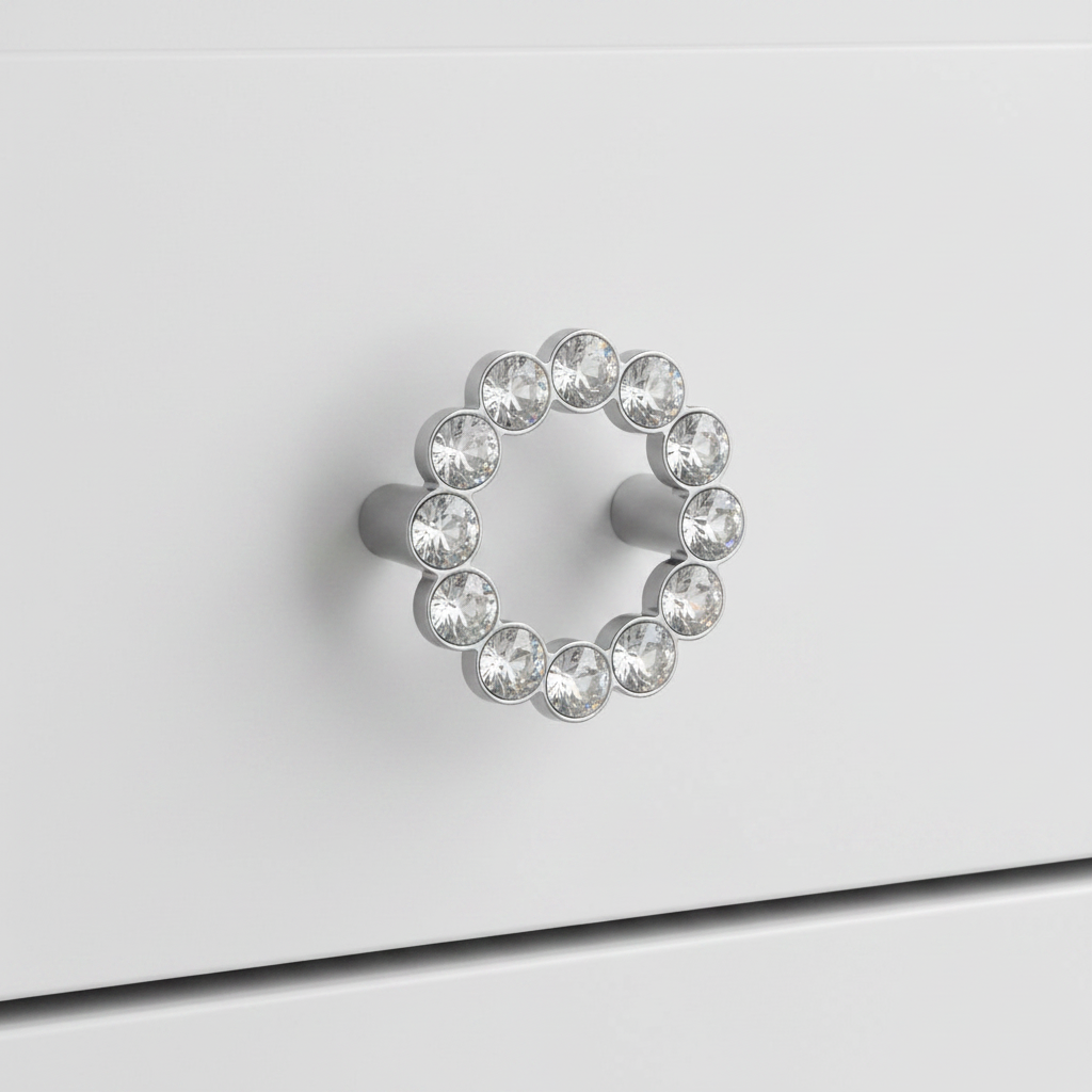 Swarovski crystal furniture knob with clear stones on chrome circular face