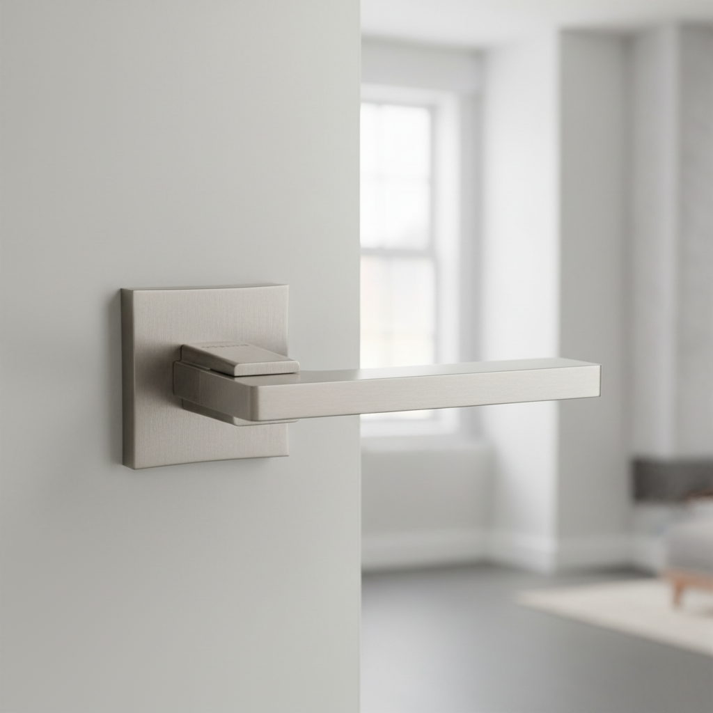 Handle on Straight Square Rose With Straight Square Key Escutcheons MSN/CP