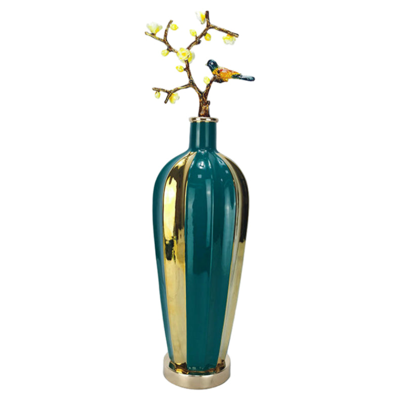 Cylindrical Ceramic & Alloy Vase Glazed Green Gold
