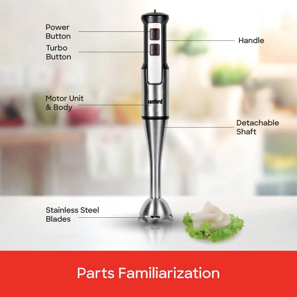 Black and silver stick blender with detachable shaft and stainless steel blades
