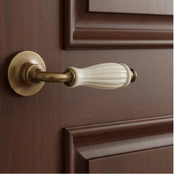Brass door handle with round backplate and ivory fluted lever