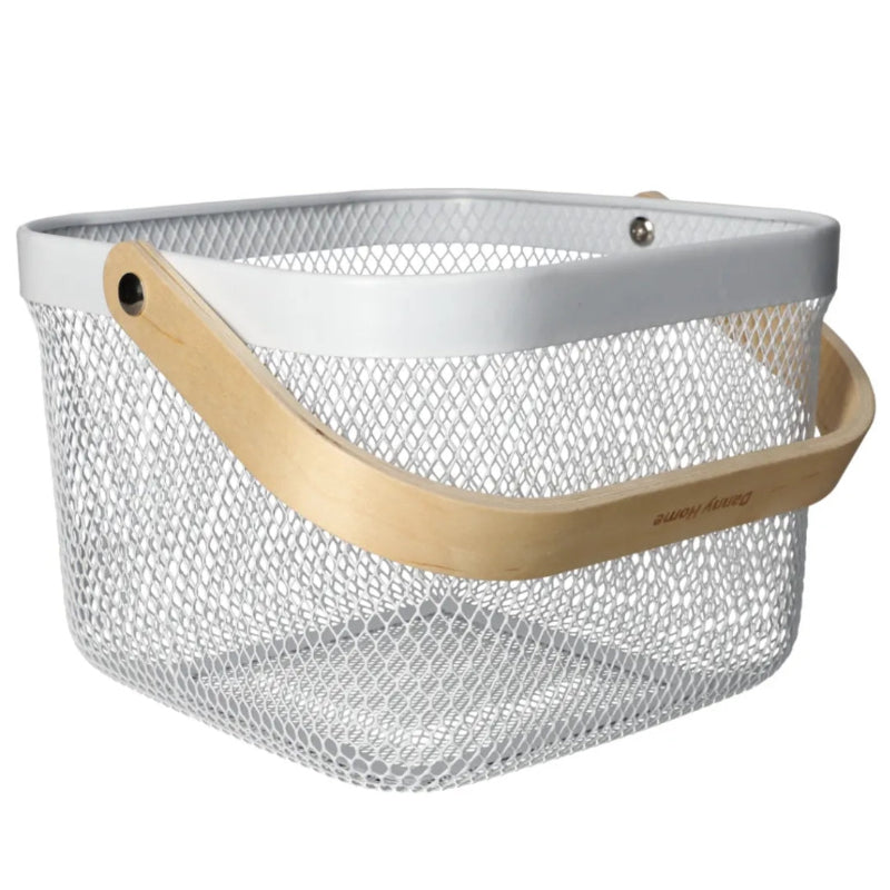 Mesh Stainless Steel Square Storage Basket With Handle White