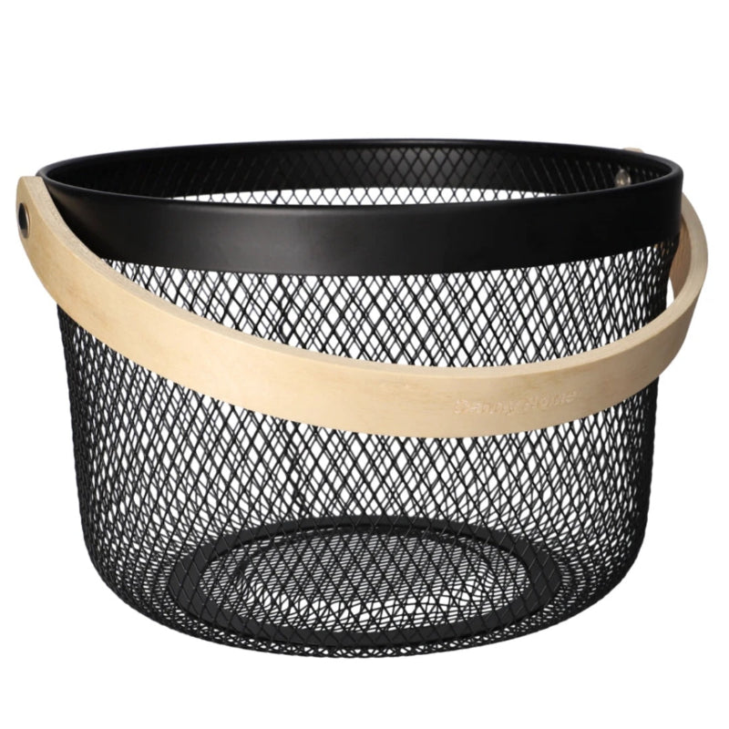 Mesh Stainless Steel Round Storage Basket With Handle Black