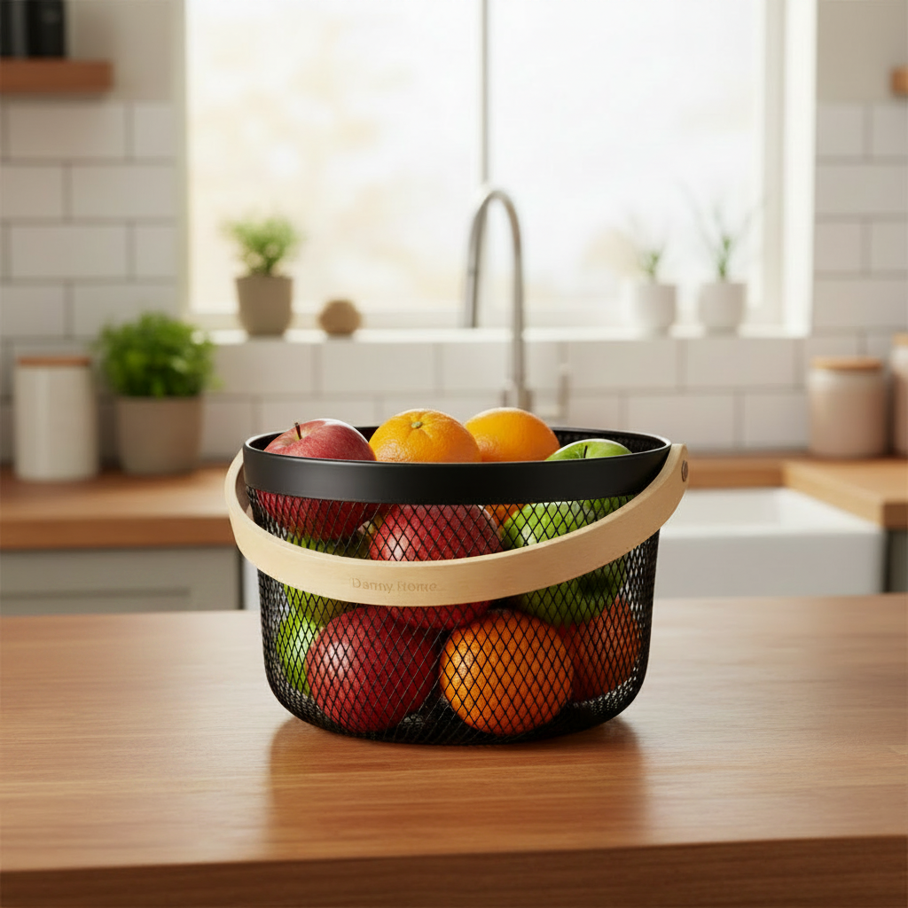 Mesh Stainless Steel Round Storage Basket With Handle Black