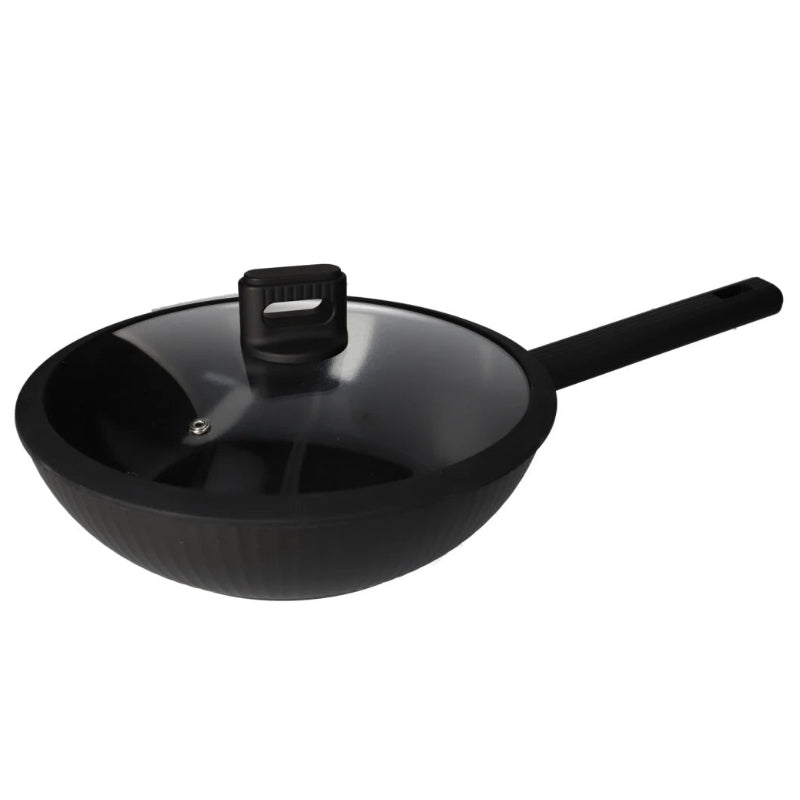 Non Stick Aluminum Deep Wok With Lid Black 30cm