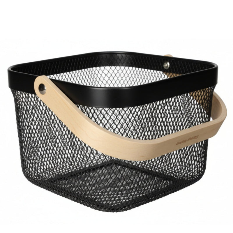 Mesh Stainless Steel Square Storage Basket With Handle Black