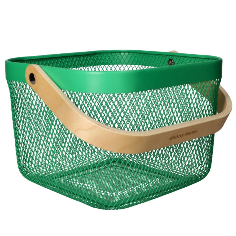Mesh Stainless Steel Square Storage Basket With Handle Green