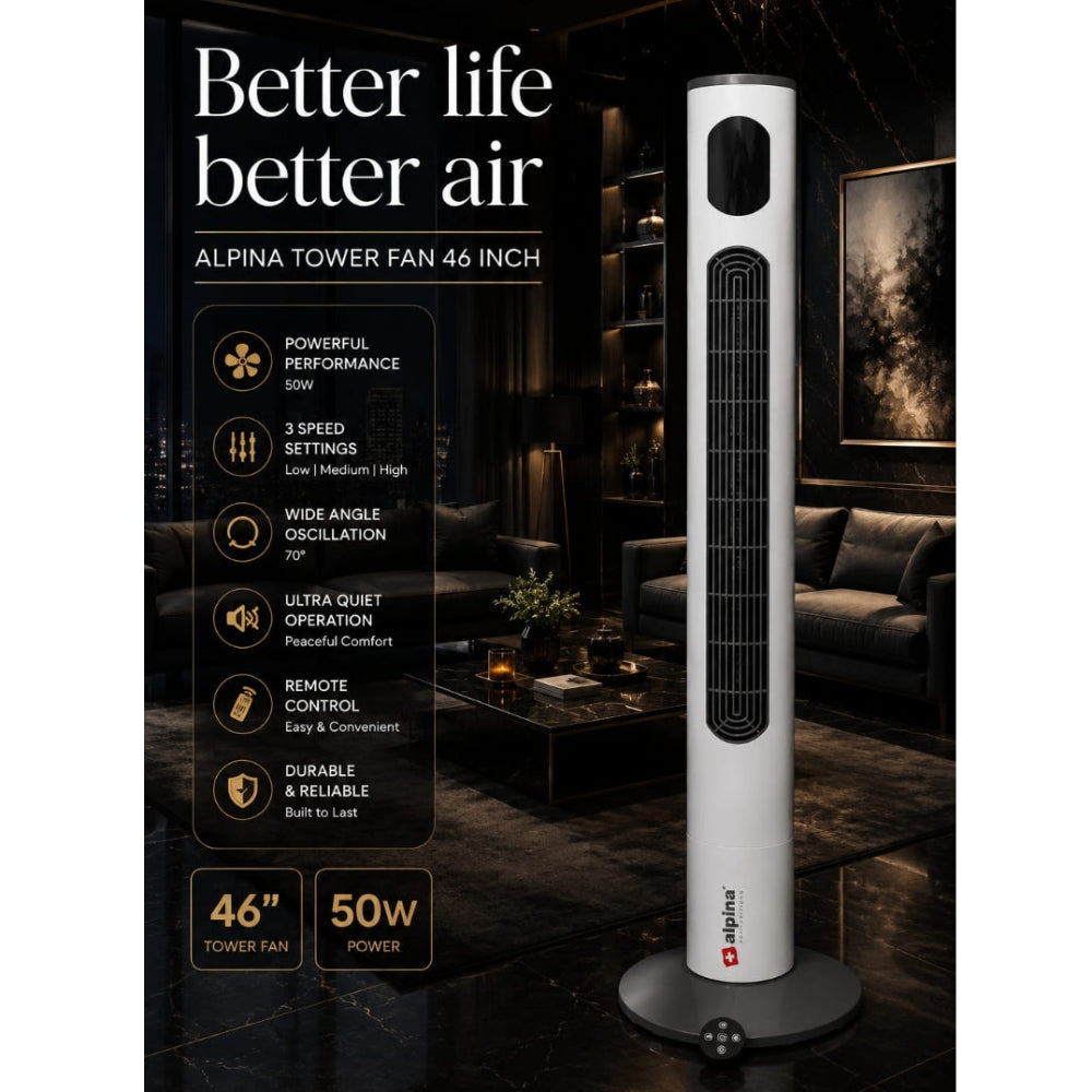 Alpina 46-Inch Tower Fan With Remote Control White/Grey