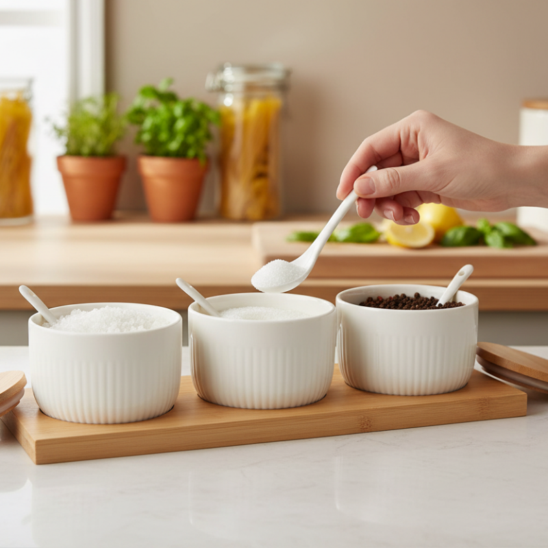 Ceramic Seasoning Jars With Bamboo Tray (Set of 10Pcs)