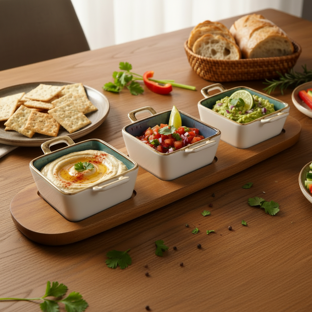 Ceramic Dessert Bowls With Wooden Tray (Set of 4 Pcs)