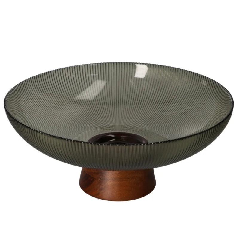 Glass Fruit Bowl With Wooden Pedestal Green 25.5cm