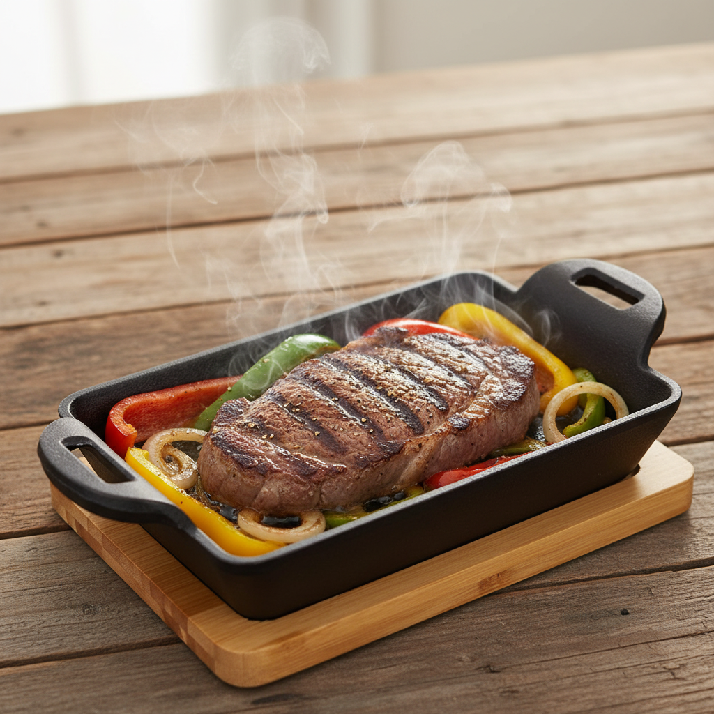 Cast Iron Sizzling Pan With Bamboo Base