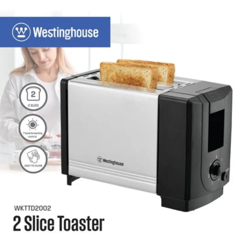 2-slice toaster with silver housing and black end caps, bread in the slots