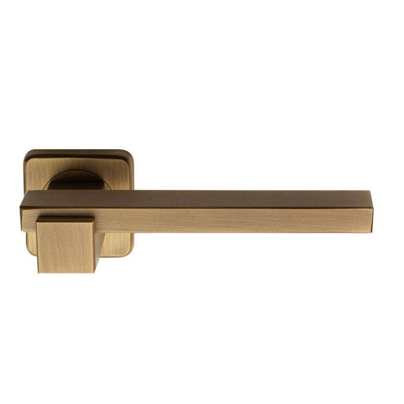 Brass lever door handle and rose with rectangular backplate, brushed brass finish