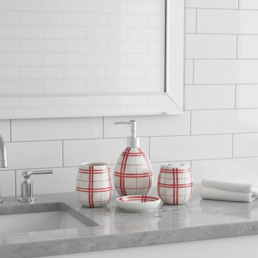 Bath Set Red & White 4pcs