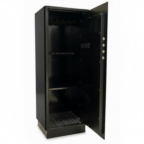 Tall digital safe/locker with door open, black interior storage compartment
